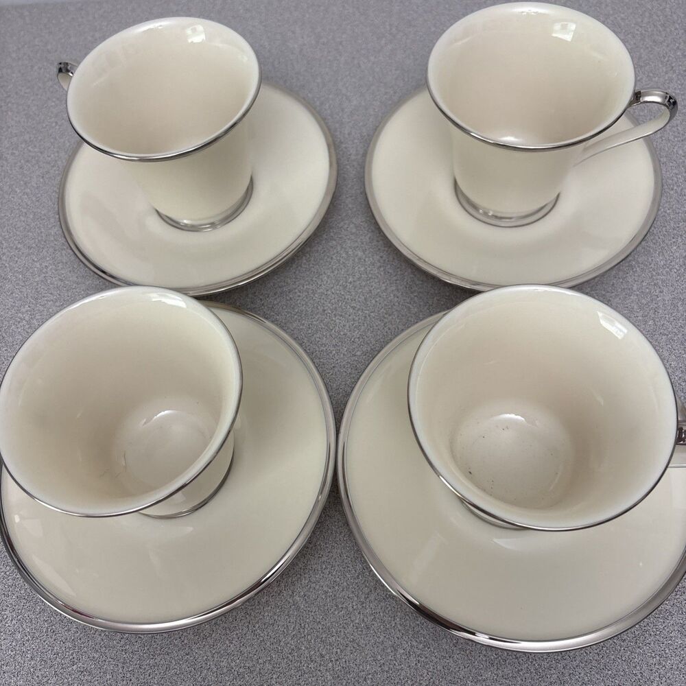 Lenox Solitaire China Teacups & Saucers, Set Of 4, Ivory With Platinum Trim, EUC